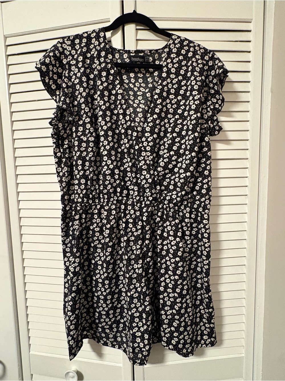 Boohoo Black and White Floral Wrap Romper